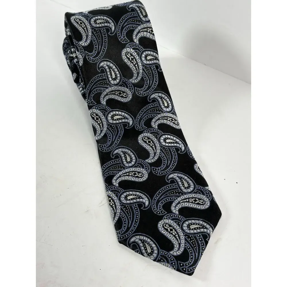 Michael Kors Mens 100% Silk Tie Black Blue Silver Paisley Designer Necktie